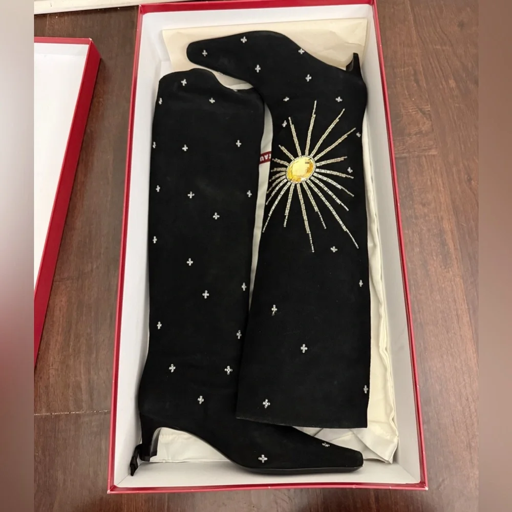 NWT STAUD Wally Suede Crystal embellished Tall Boots in Black Celestial Size 8 - Picture 7 of 17
